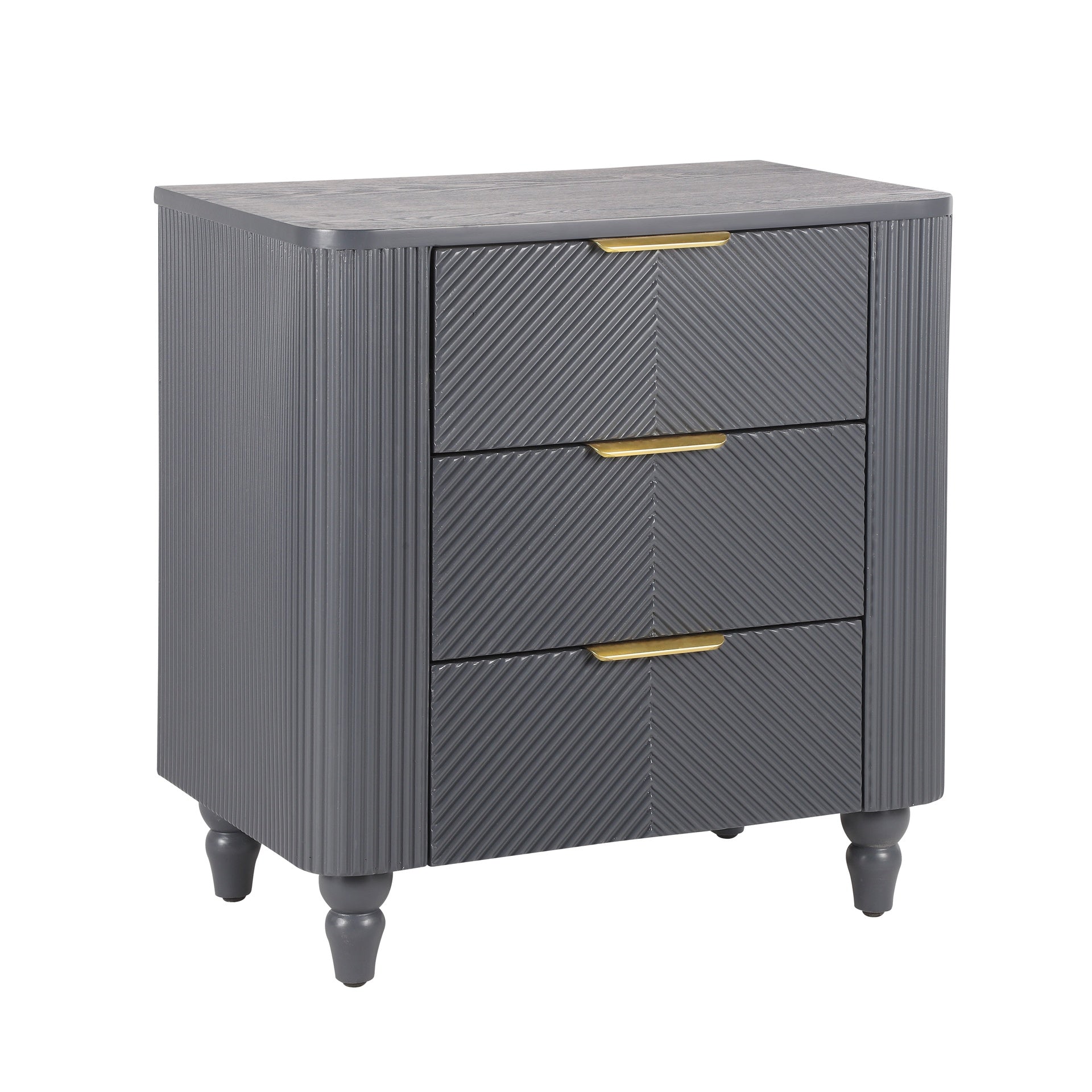 Mid-Century Fluted 3 Drawers Nightstand, Bedside Table with Curved Profile Design and Wide Gold Glossy Handles, End Table for Living Room, Bedroom, Easy Assembly, Dark Gray