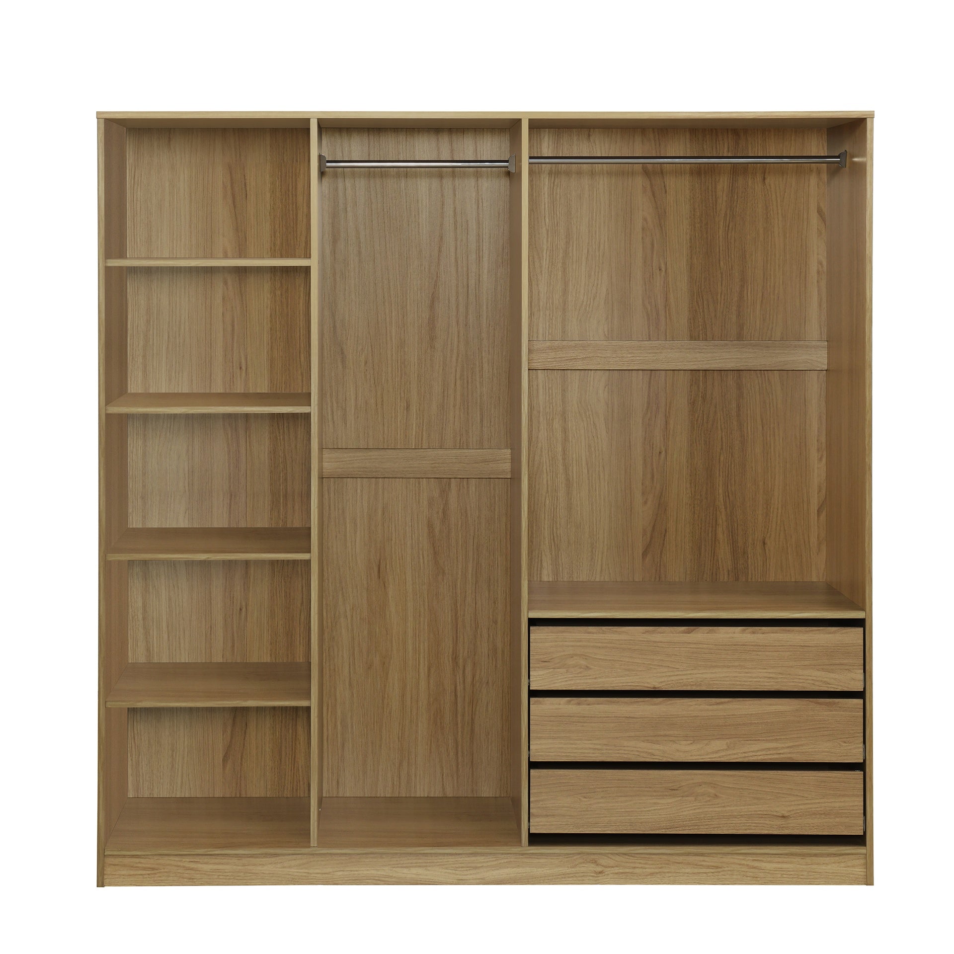 Doorless Wooden Storage Wardrobe for Dedroom with Shelves and 3 Drawers,Nature