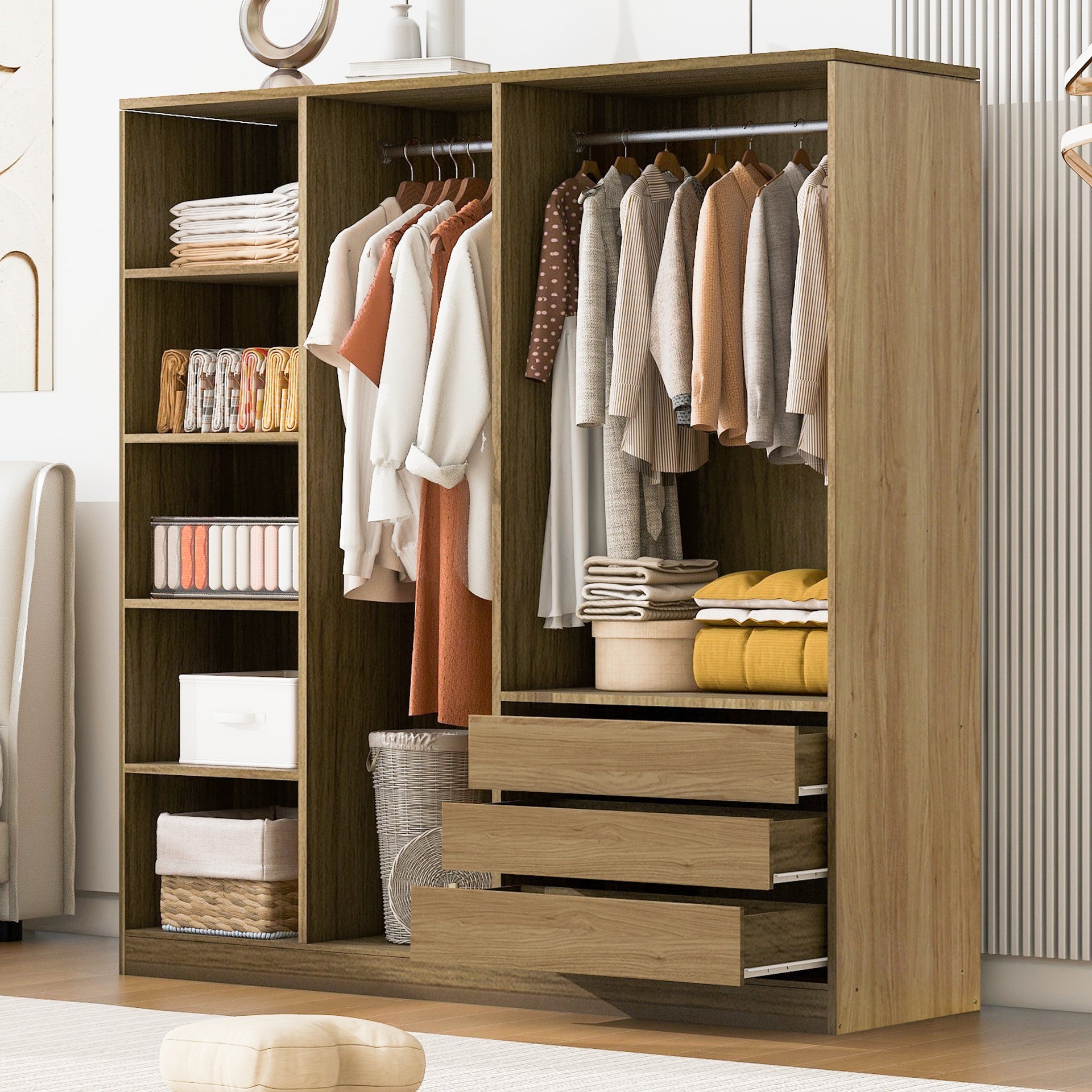 Doorless Wooden Storage Wardrobe for Dedroom with Shelves and 3 Drawers,Nature