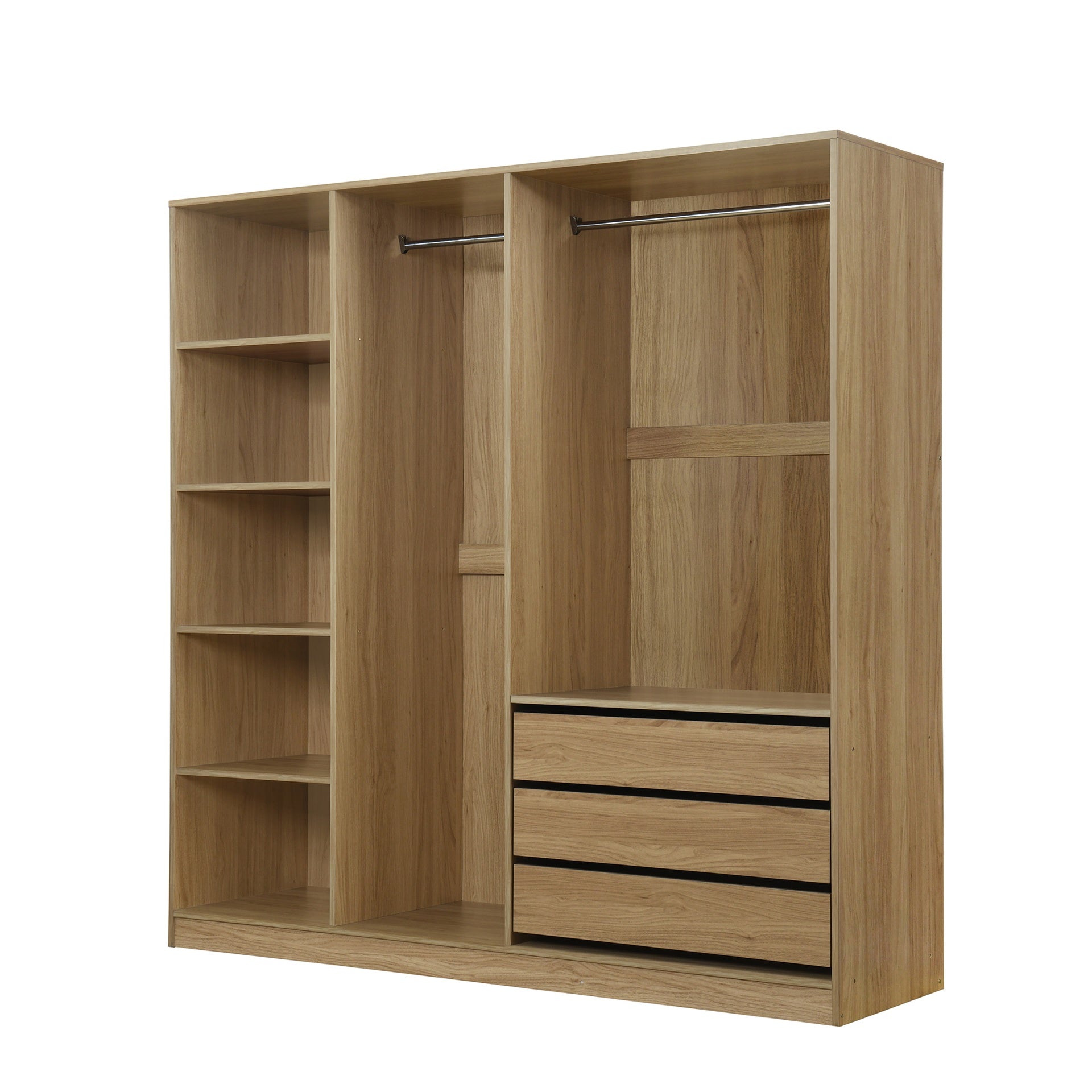 Doorless Wooden Storage Wardrobe for Dedroom with Shelves and 3 Drawers,Nature