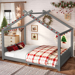 Full House Floor Bed with Support Slats, Solid Wood House Bed Frame for Kids, No Box Spring Needed and Opening Constructure, Gray