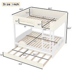 Queen Bunk Bed with Trundle , Wood Bunk Bed Frame with Built-in Bookshelf and High-quality Safety Guardrail,Automobile Form Design for Kids ,White＆ Beige.