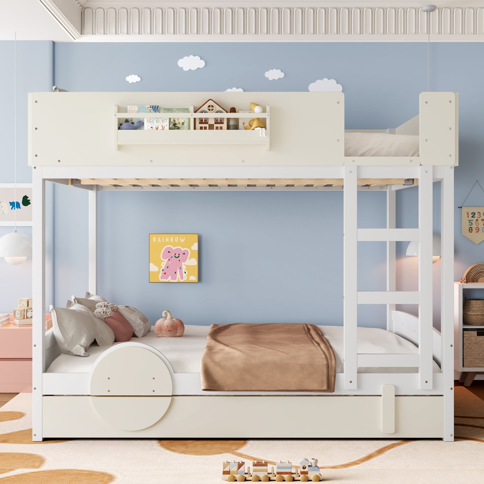 Queen Bunk Bed with Trundle , Wood Bunk Bed Frame with Built-in Bookshelf and High-quality Safety Guardrail,Automobile Form Design for Kids ,White＆ Beige.