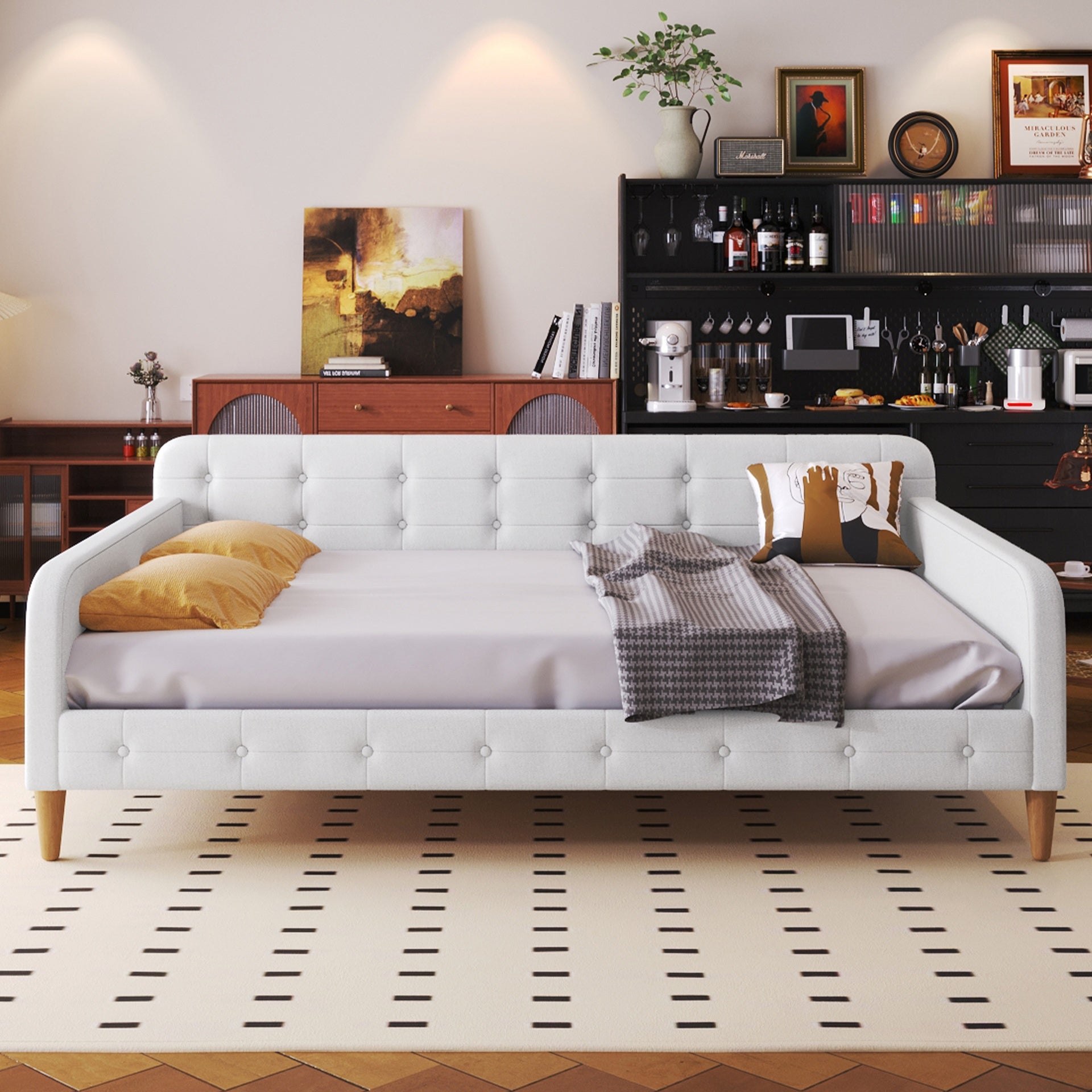 Full Size Upholstered Daybed with 4 Support Legs,Beige