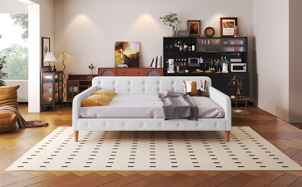Full Size Upholstered Daybed with 4 Support Legs,Beige