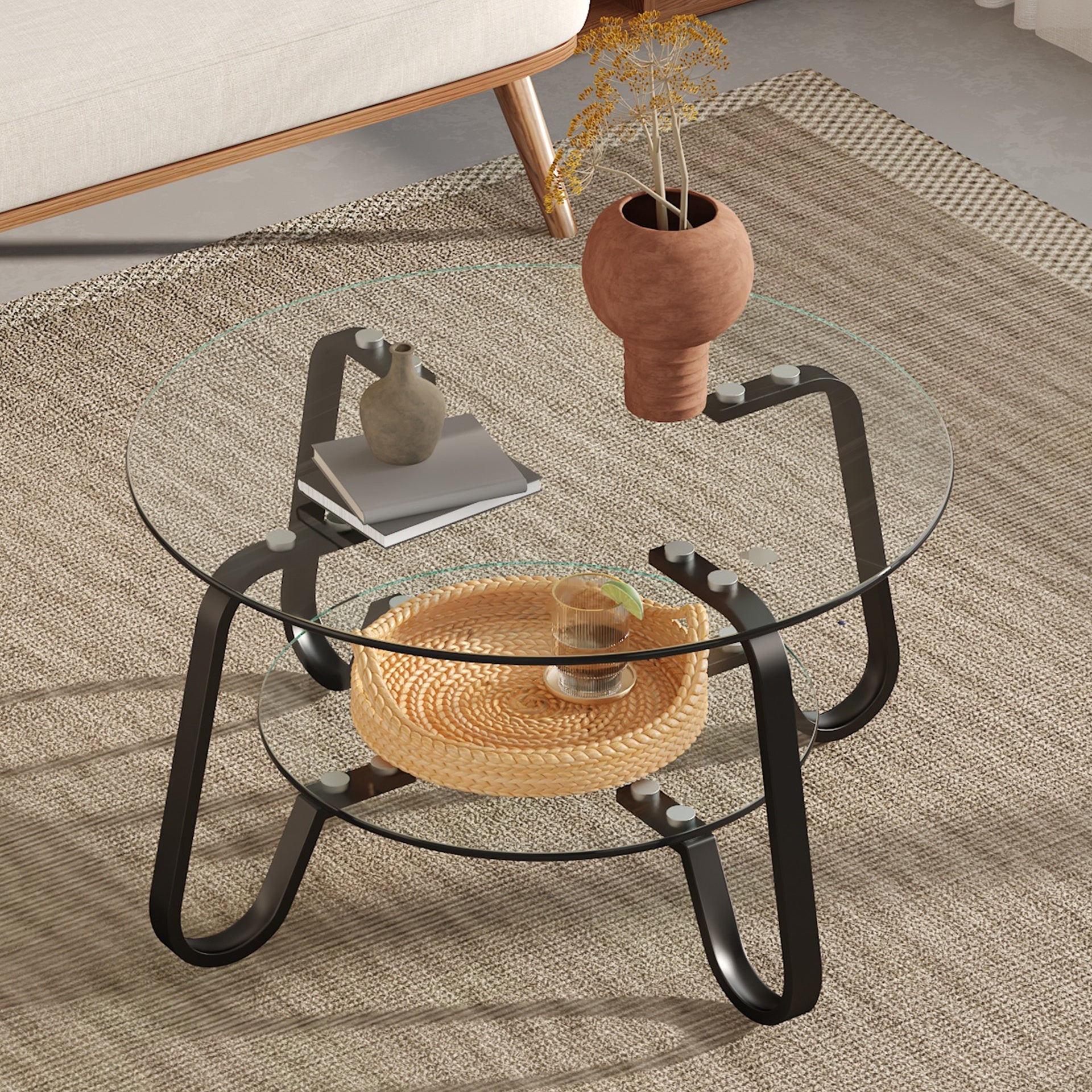 Retro minimalist style metal frame double-layer tempered glass coffee table, size 31.5 * 31.5 * 17.7 inches, adding a touch of elegance to your living room