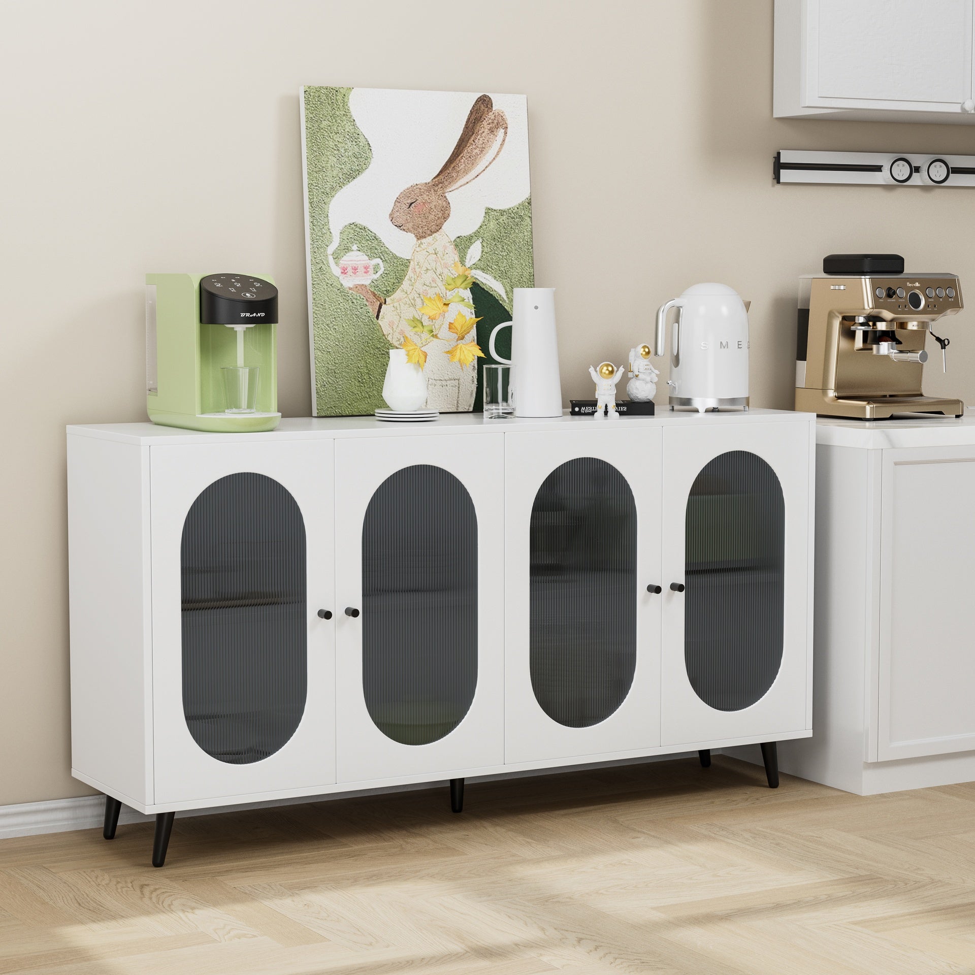 Buffet Cabinet with Storage, 60'' Storage Cabinet with 4 Acrylic Doors, Accent Cabinet, Sideboard Cabinet for Hallway, Entry, Living Room, White