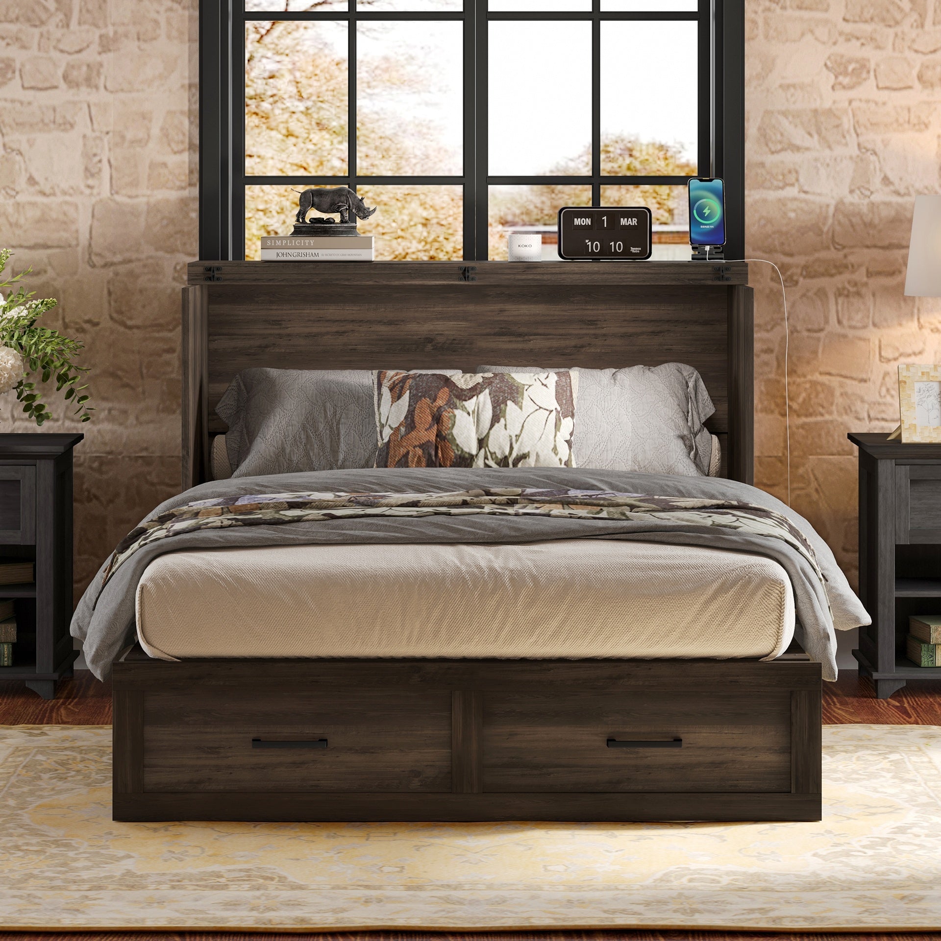Full Size Farmhouse Murphy Cabinet Bed with Charging Station, Foldable Platform Bed with Large Storage Drawer for Guest-Room, Small Bedroom, Rustic Gray
