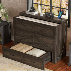 Full Size Farmhouse Murphy Cabinet Bed with Charging Station, Foldable Platform Bed with Large Storage Drawer for Guest-Room, Small Bedroom, Rustic Gray