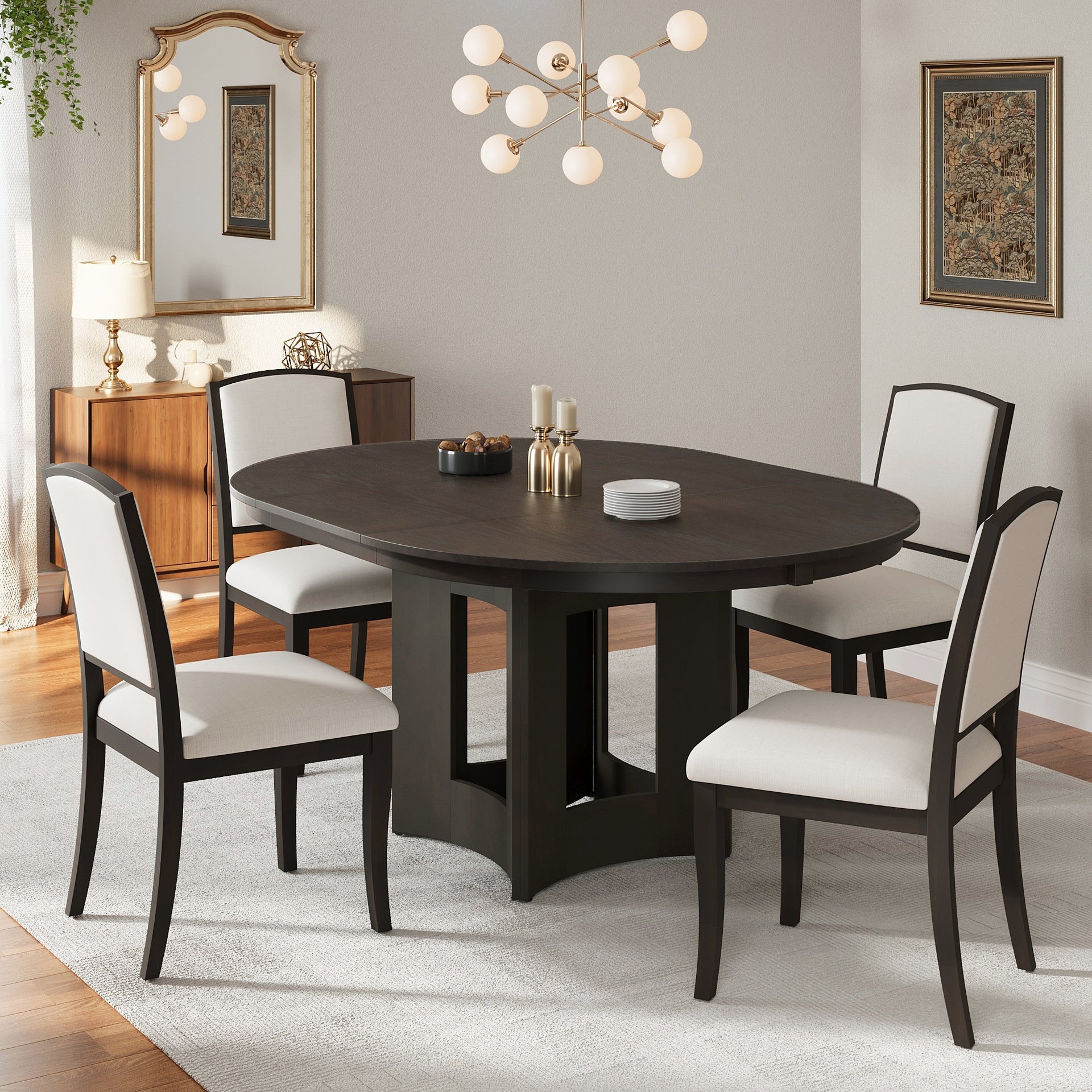 TOPMAX Farmhouse Extendable Round Dining Table Set for 4, 5-Piece Kitchen Table Set with 4 Upholstered Chairs and 16inch Removable Leaf for Small Places, Espresso+Beige