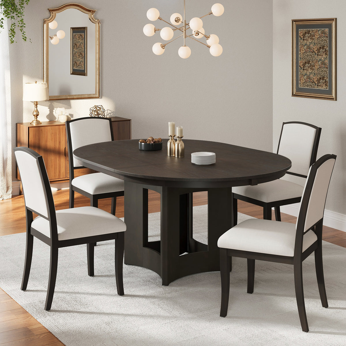TOPMAX Farmhouse Extendable Round Dining Table Set for 4, 5-Piece Kitchen Table Set with 4 Upholstered Chairs and 16inch Removable Leaf for Small Places, Espresso+Beige