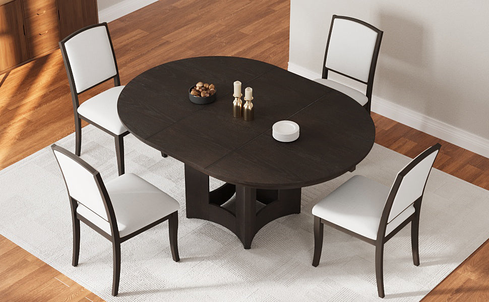 TOPMAX Farmhouse Extendable Round Dining Table Set for 4, 5-Piece Kitchen Table Set with 4 Upholstered Chairs and 16inch Removable Leaf for Small Places, Espresso+Beige