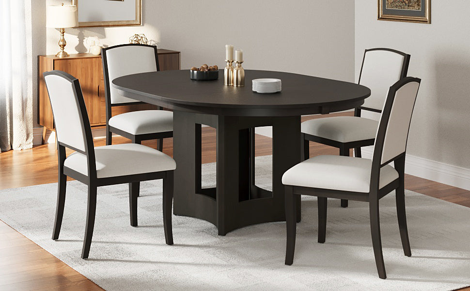 TOPMAX Farmhouse Extendable Round Dining Table Set for 4, 5-Piece Kitchen Table Set with 4 Upholstered Chairs and 16inch Removable Leaf for Small Places, Espresso+Beige
