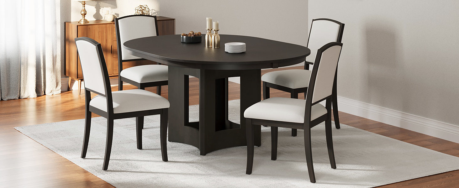 TOPMAX Farmhouse Extendable Round Dining Table Set for 4, 5-Piece Kitchen Table Set with 4 Upholstered Chairs and 16inch Removable Leaf for Small Places, Espresso+Beige