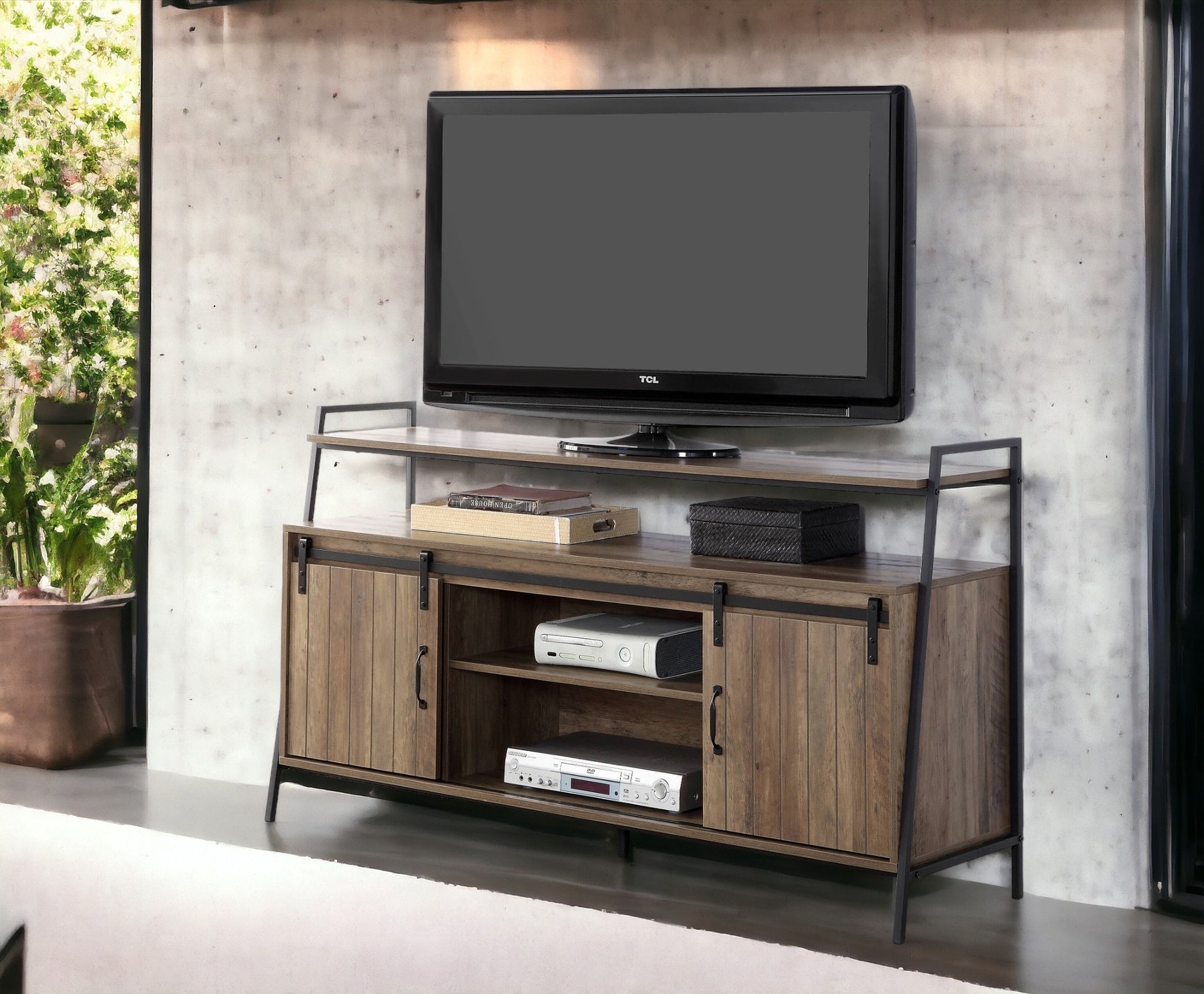 Rustic Oak and Black TV Stand with Sliding Barn Door