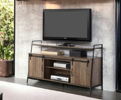Rustic Oak and Black TV Stand with Sliding Barn Door