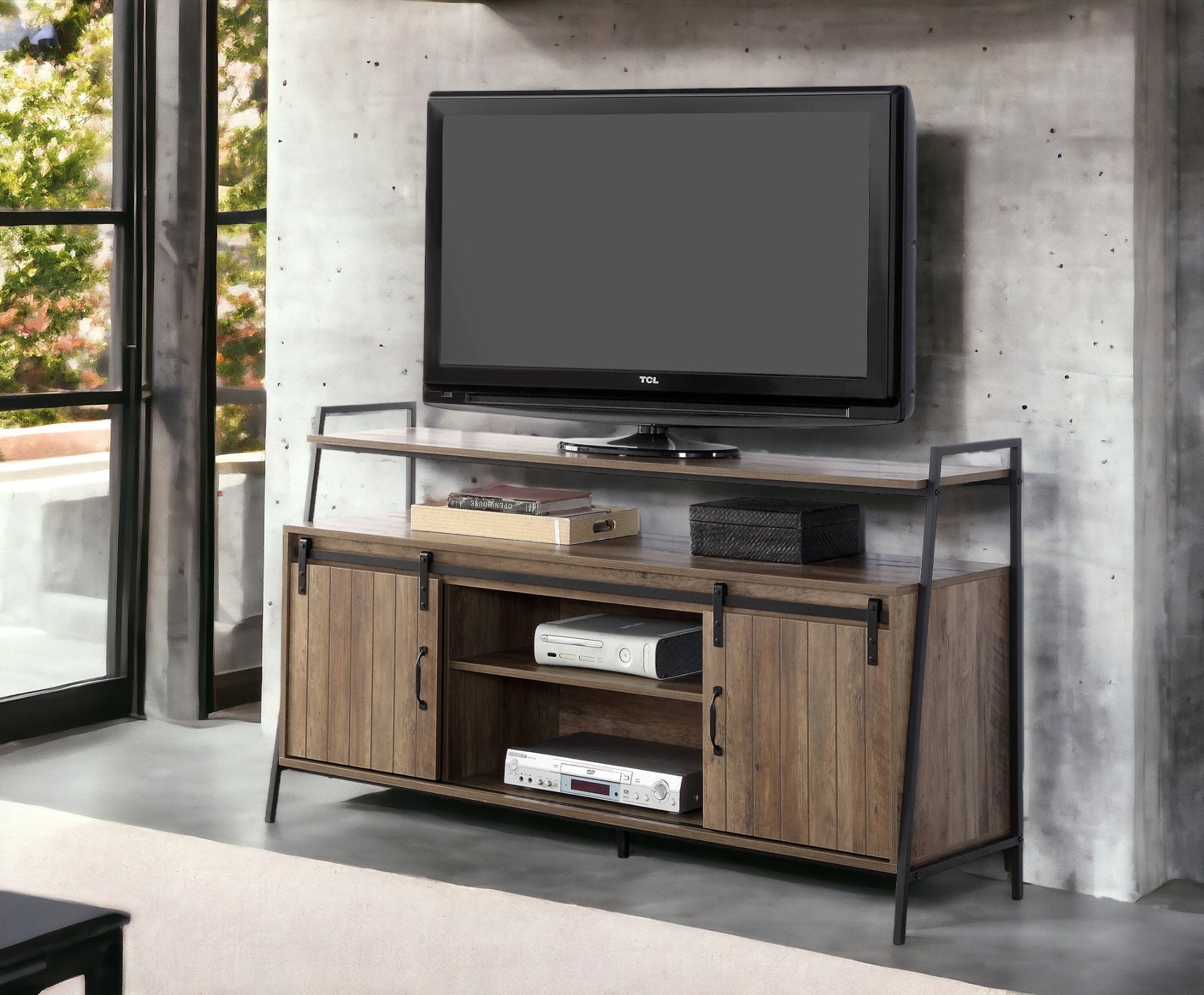 Rustic Oak and Black TV Stand with Sliding Barn Door