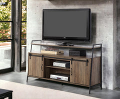 Rustic Oak and Black TV Stand with Sliding Barn Door