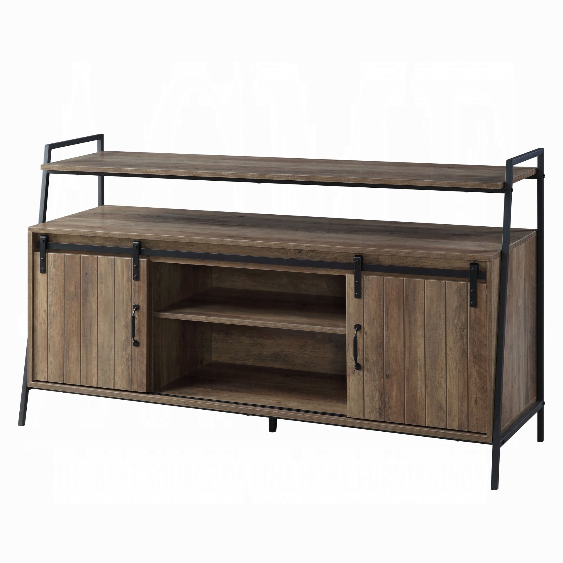 Rustic Oak and Black TV Stand with Sliding Barn Door