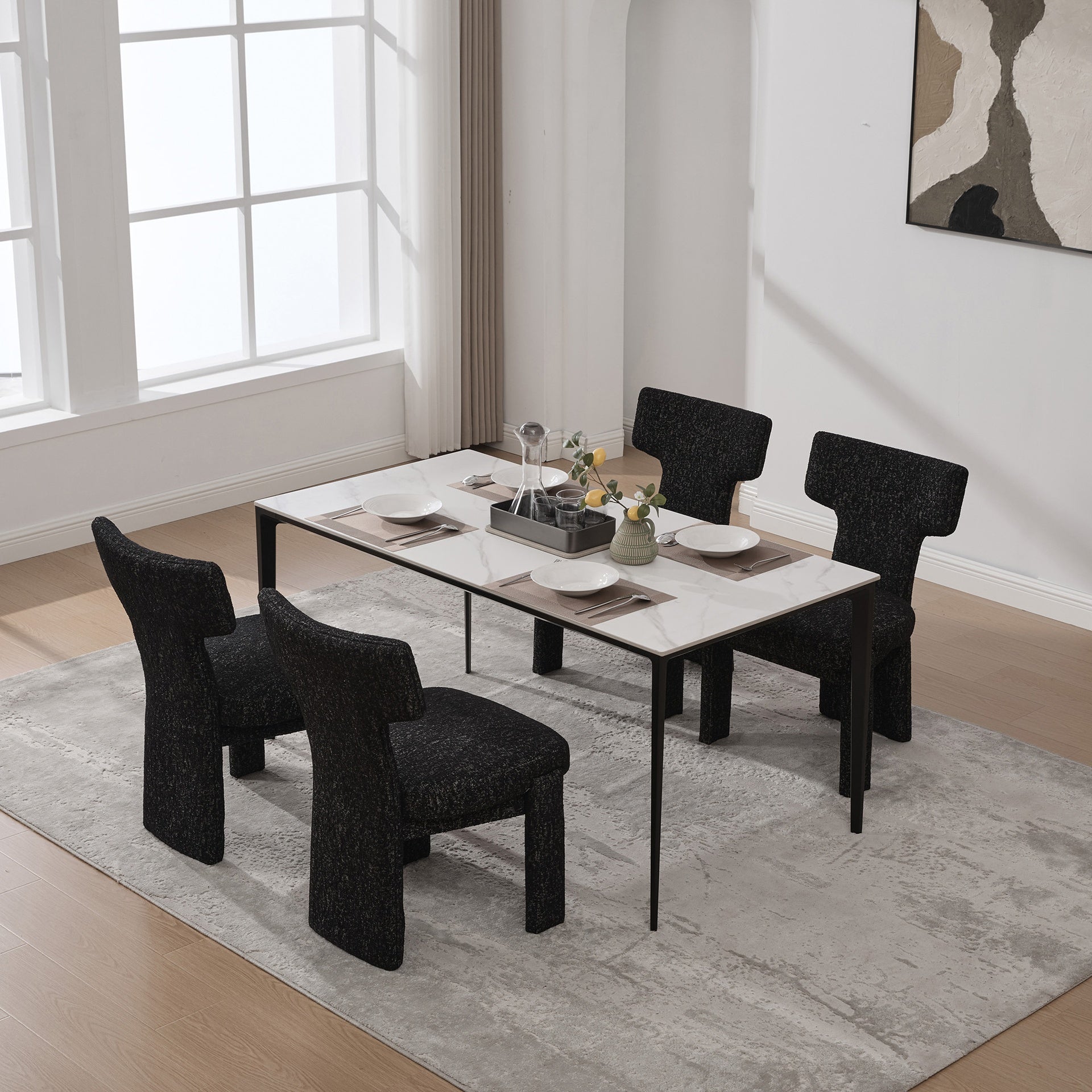 22.05" Wide Modern Upholstered Chenille Dining Chair Set of 4 with Rubberwood Legs, Armless Curved Back Accent Chairs for Living Room Bedroom Restaurant Cafes Dining Room Reception, Black/Gray