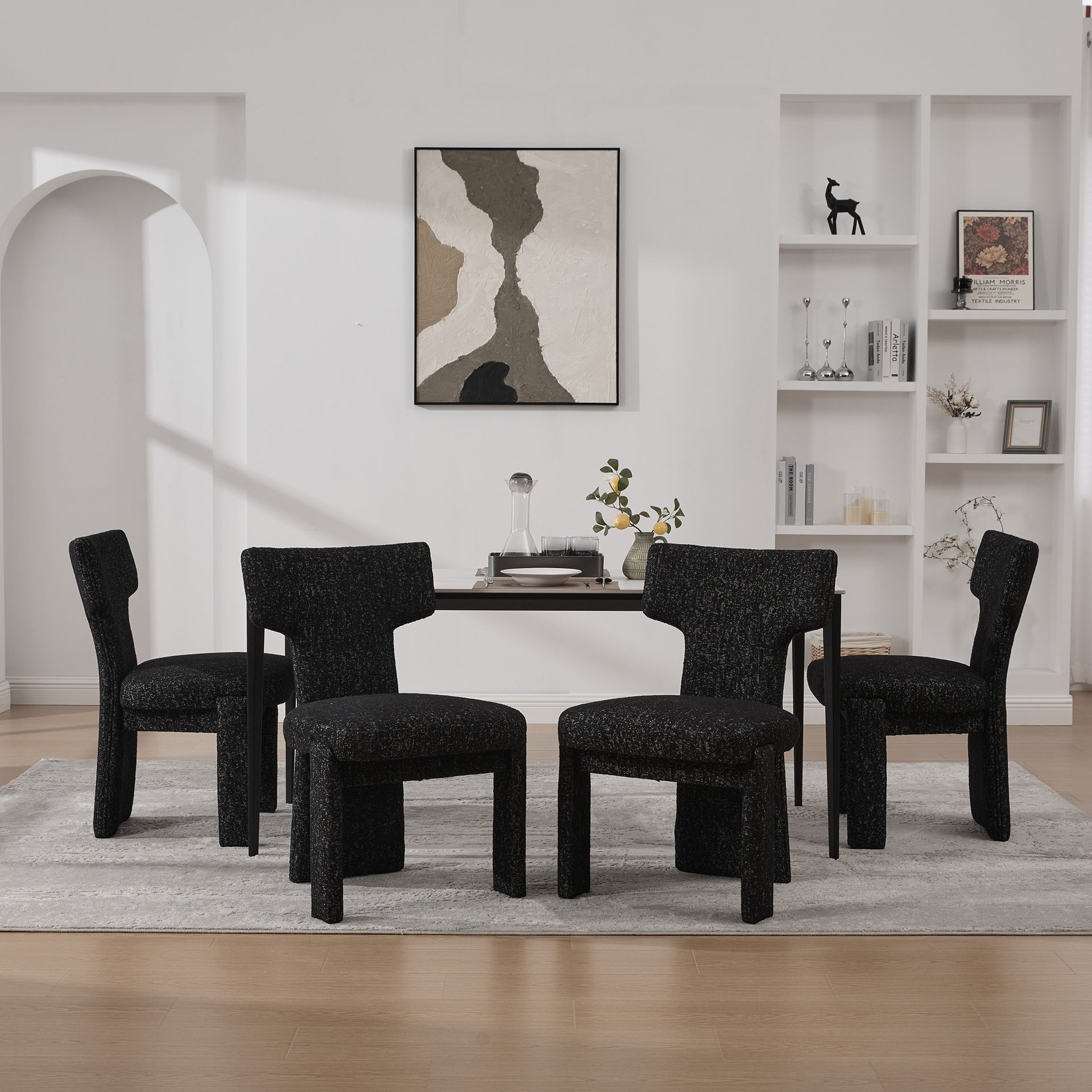 22.05" Wide Modern Upholstered Chenille Dining Chair Set of 4 with Rubberwood Legs, Armless Curved Back Accent Chairs for Living Room Bedroom Restaurant Cafes Dining Room Reception, Black/Gray