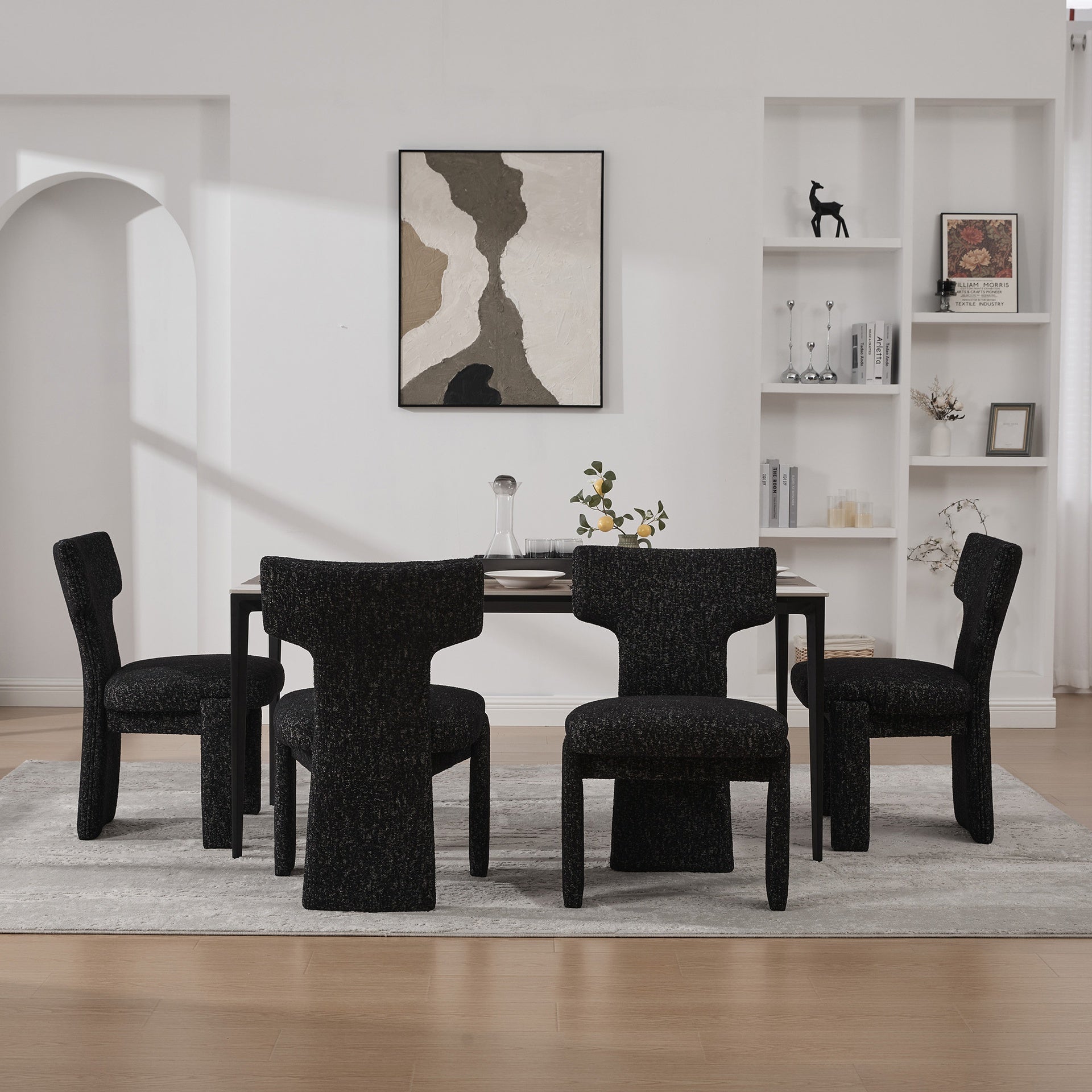 22.05" Wide Modern Upholstered Chenille Dining Chair Set of 4 with Rubberwood Legs, Armless Curved Back Accent Chairs for Living Room Bedroom Restaurant Cafes Dining Room Reception, Black/Gray