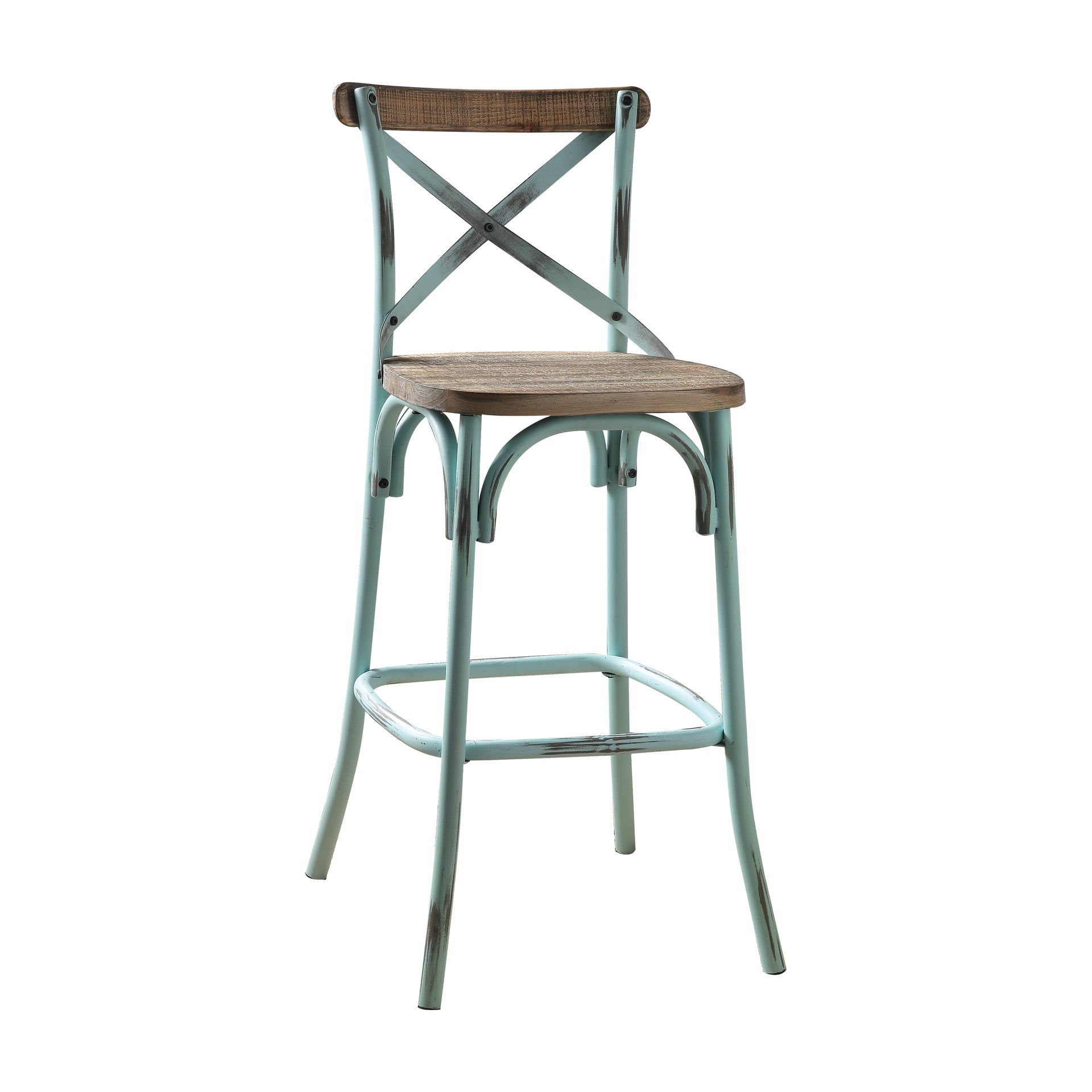 Antique Sky Finish Metal Frame Vintage Style Bar Chair 1pc Wooden Seat Dining Furniture