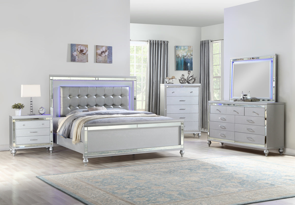 STERLING Full 5 PC LED Bedroom set made with wood in Silver Color (NJ INVENTORY)