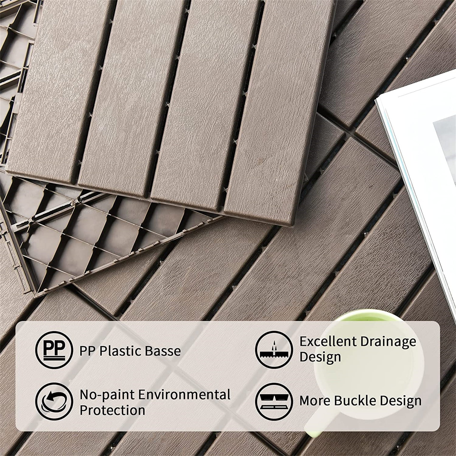 Patio Interlocking Deck Tiles, 12"x12" Square Composite Decking Tiles, Four Slat Plastic Outdoor Flooring Tile All Weather for Balcony Porch Backyard, (Dark Brown, Pack of 44)