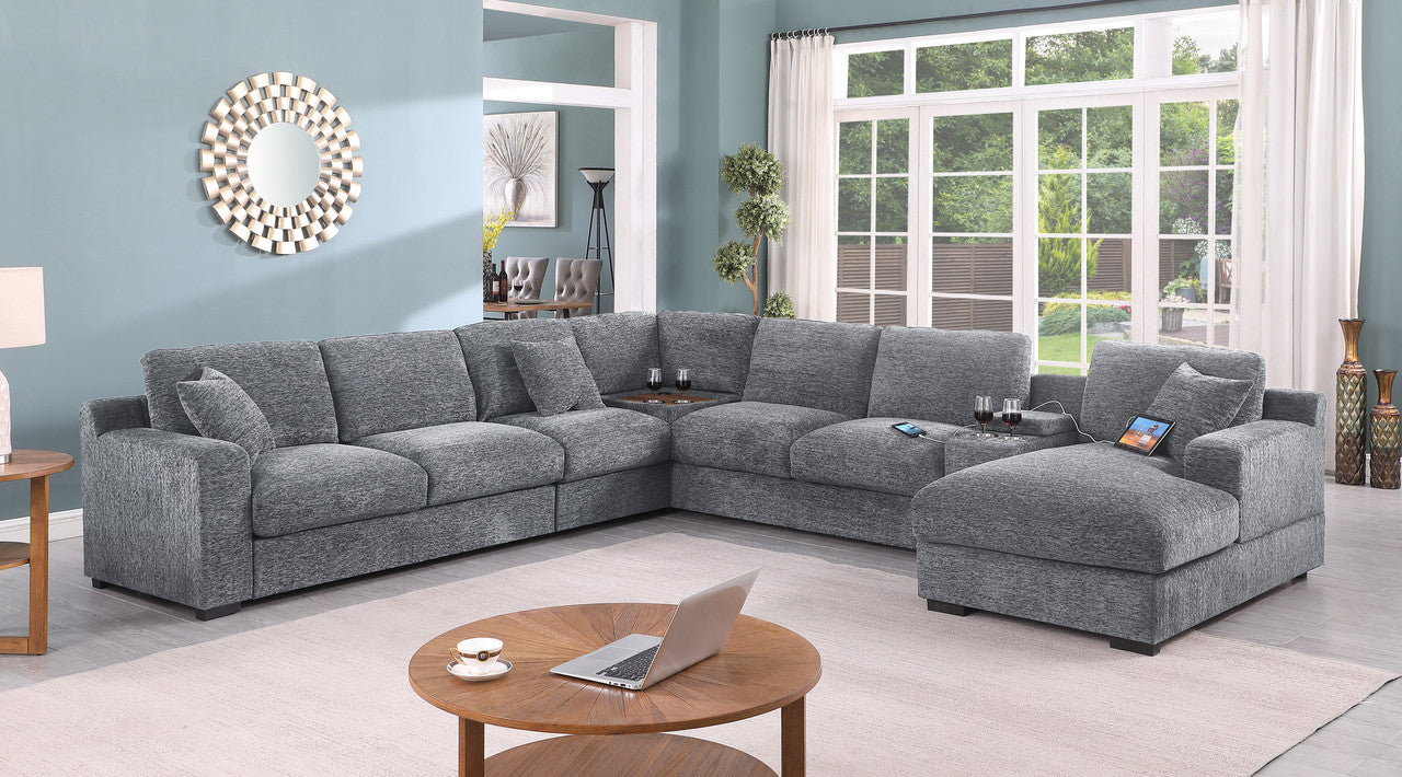 Chiara 141.5"W Light Gray Chenille Fabric Corner Sectional Sofa with Right-Facing Chaise, Cupholders, and Charging Ports
