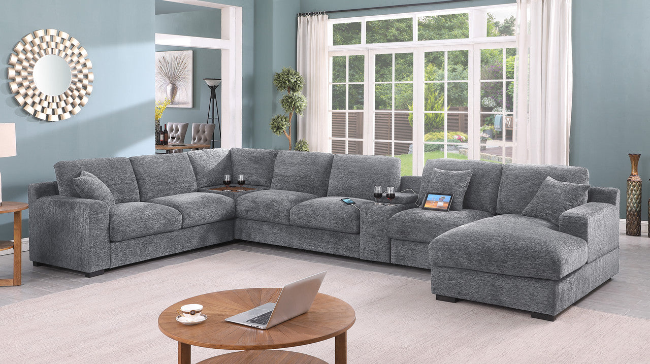 Chiara 141.5"W Light Gray Chenille Fabric Corner Sectional Sofa with Right-Facing Chaise, Cupholders, and Charging Ports