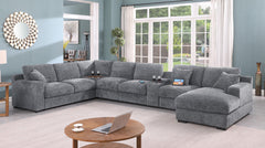 Chiara 141.5"W Light Gray Chenille Fabric Corner Sectional Sofa with Right-Facing Chaise, Cupholders, and Charging Ports