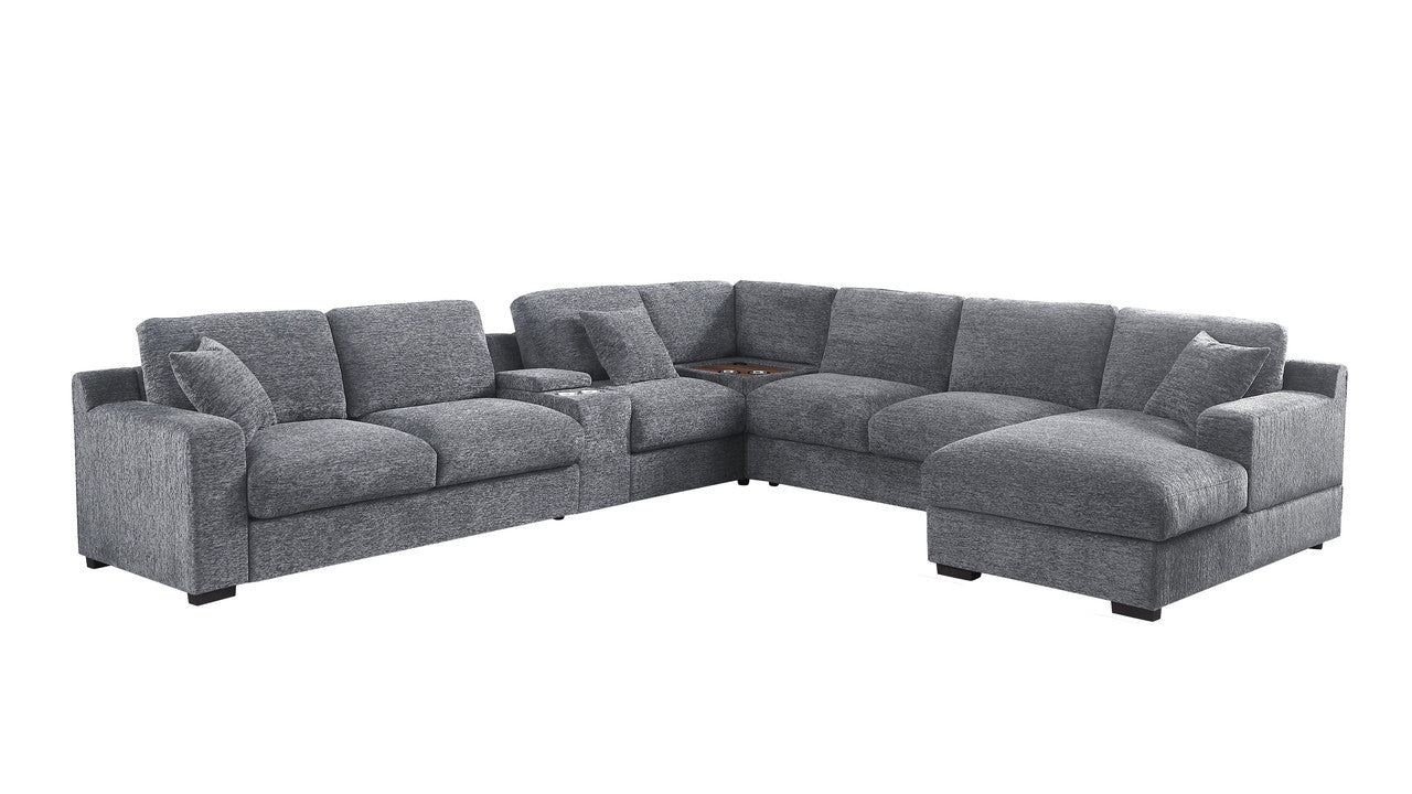 Chiara 141.5"W Light Gray Chenille Fabric Corner Sectional Sofa with Right-Facing Chaise, Cupholders, and Charging Ports