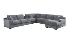 Chiara 141.5"W Light Gray Chenille Fabric Corner Sectional Sofa with Right-Facing Chaise, Cupholders, and Charging Ports
