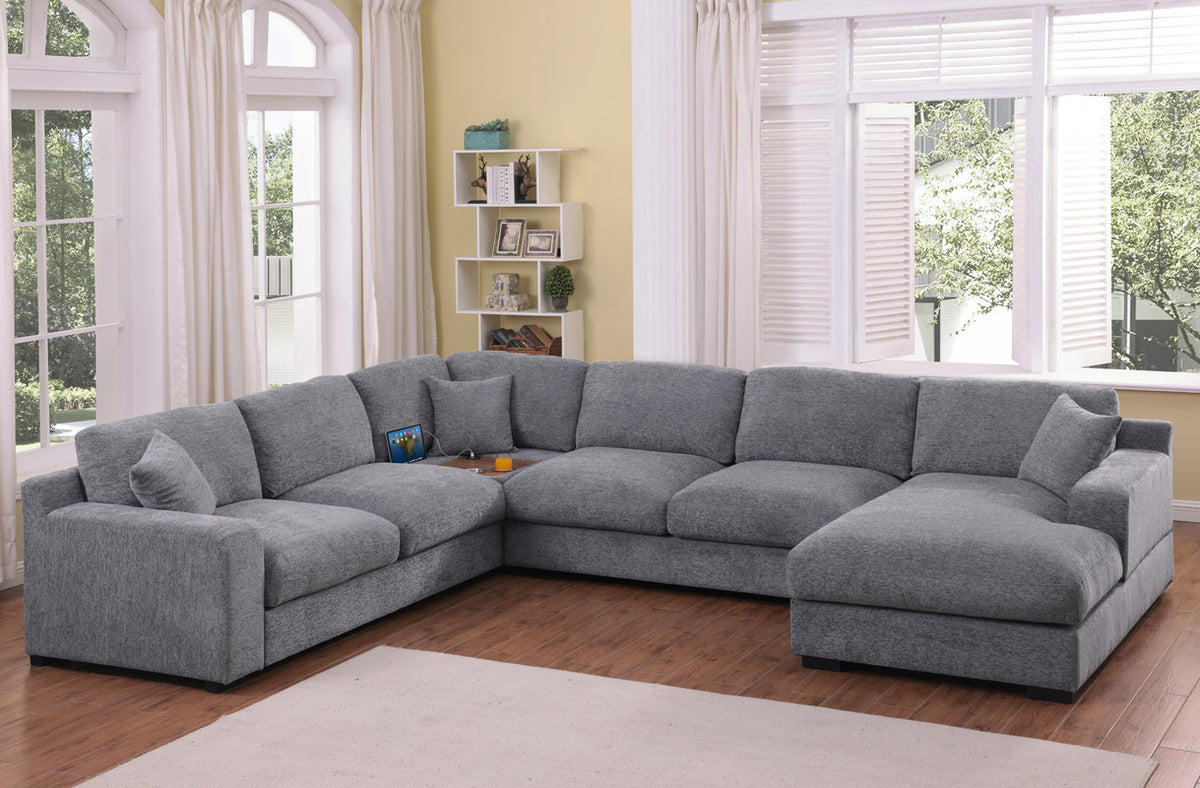Chiara 128"W Light Gray Chenille Fabric Corner Sectional Sofa with Right-Facing Chaise, Cupholders, and Charging Ports