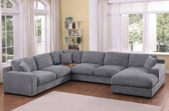 Chiara 128"W Light Gray Chenille Fabric Corner Sectional Sofa with Right-Facing Chaise, Cupholders, and Charging Ports