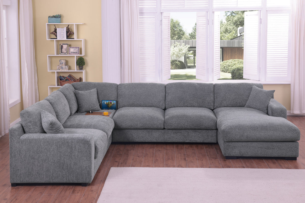 Chiara 128"W Light Gray Chenille Fabric Corner Sectional Sofa with Right-Facing Chaise, Cupholders, and Charging Ports