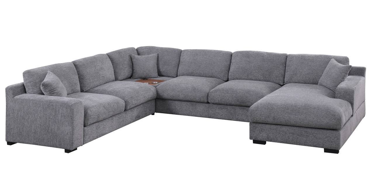 Chiara 128"W Light Gray Chenille Fabric Corner Sectional Sofa with Right-Facing Chaise, Cupholders, and Charging Ports