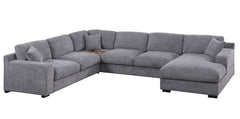 Chiara 128"W Light Gray Chenille Fabric Corner Sectional Sofa with Right-Facing Chaise, Cupholders, and Charging Ports