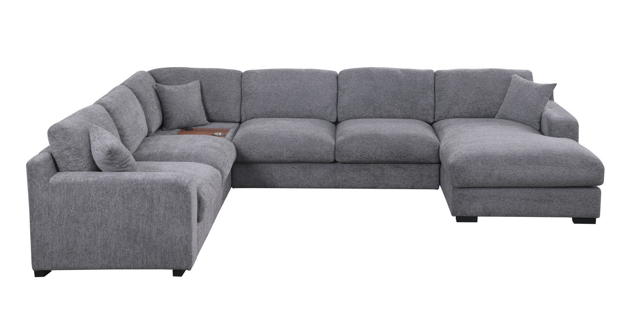 Chiara 128"W Light Gray Chenille Fabric Corner Sectional Sofa with Right-Facing Chaise, Cupholders, and Charging Ports