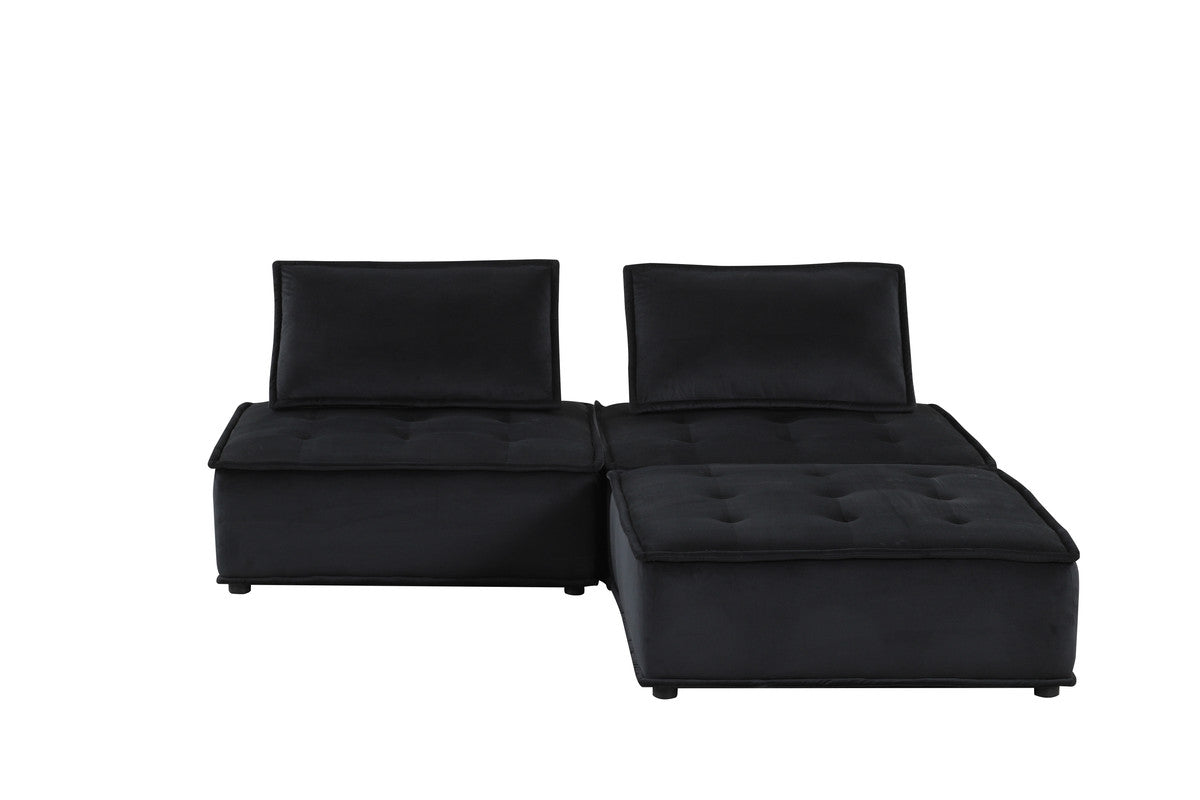 Aveline 80"W Black Velvet 3 Pc Sectional Sofa Ottoman
