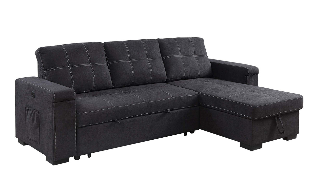Ollie 95"W Black Woven Fabric Reversible Sleeper Sectional Sofa with Storage Chaise Cup Holder Charging Ports and Pockets