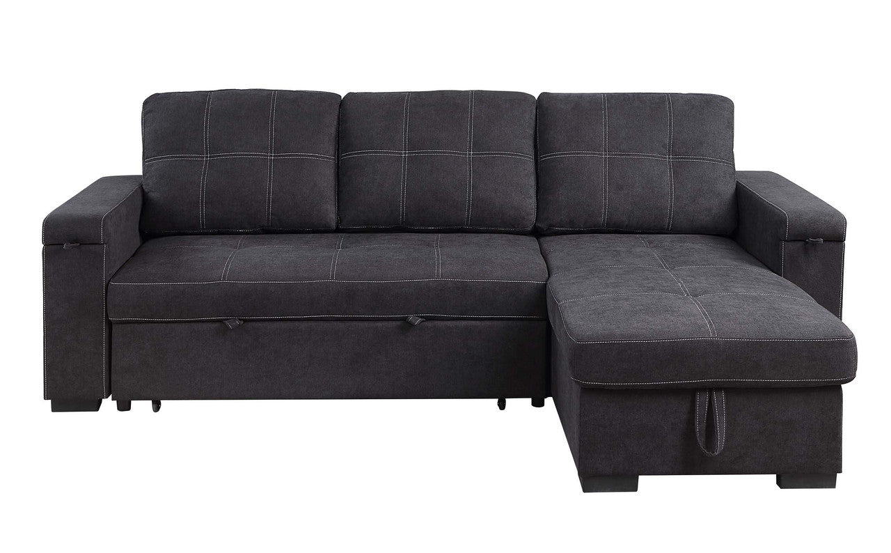 Ollie 95"W Black Woven Fabric Reversible Sleeper Sectional Sofa with Storage Chaise Cup Holder Charging Ports and Pockets