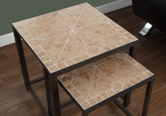Nesting Table, Set Of 2, Side, End, Metal, Accent, Living Room, Bedroom, Brown Tile, Brown Metal, Transitional