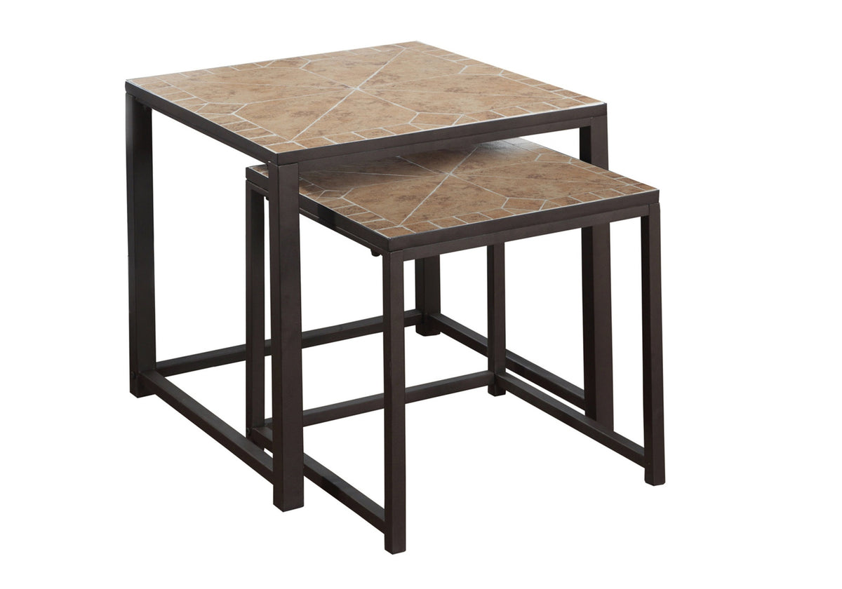 Nesting Table, Set Of 2, Side, End, Metal, Accent, Living Room, Bedroom, Brown Tile, Brown Metal, Transitional