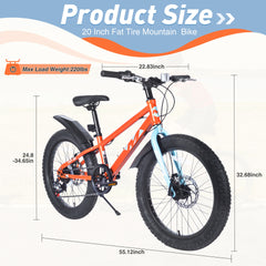 20 Inch Kids Bicycles , Fat Tire Mountain Bike for Boys and Girls Age 5 + Years ,7-Speed Dual-Disc Brake ,Kids Beach and Snow Bicycle