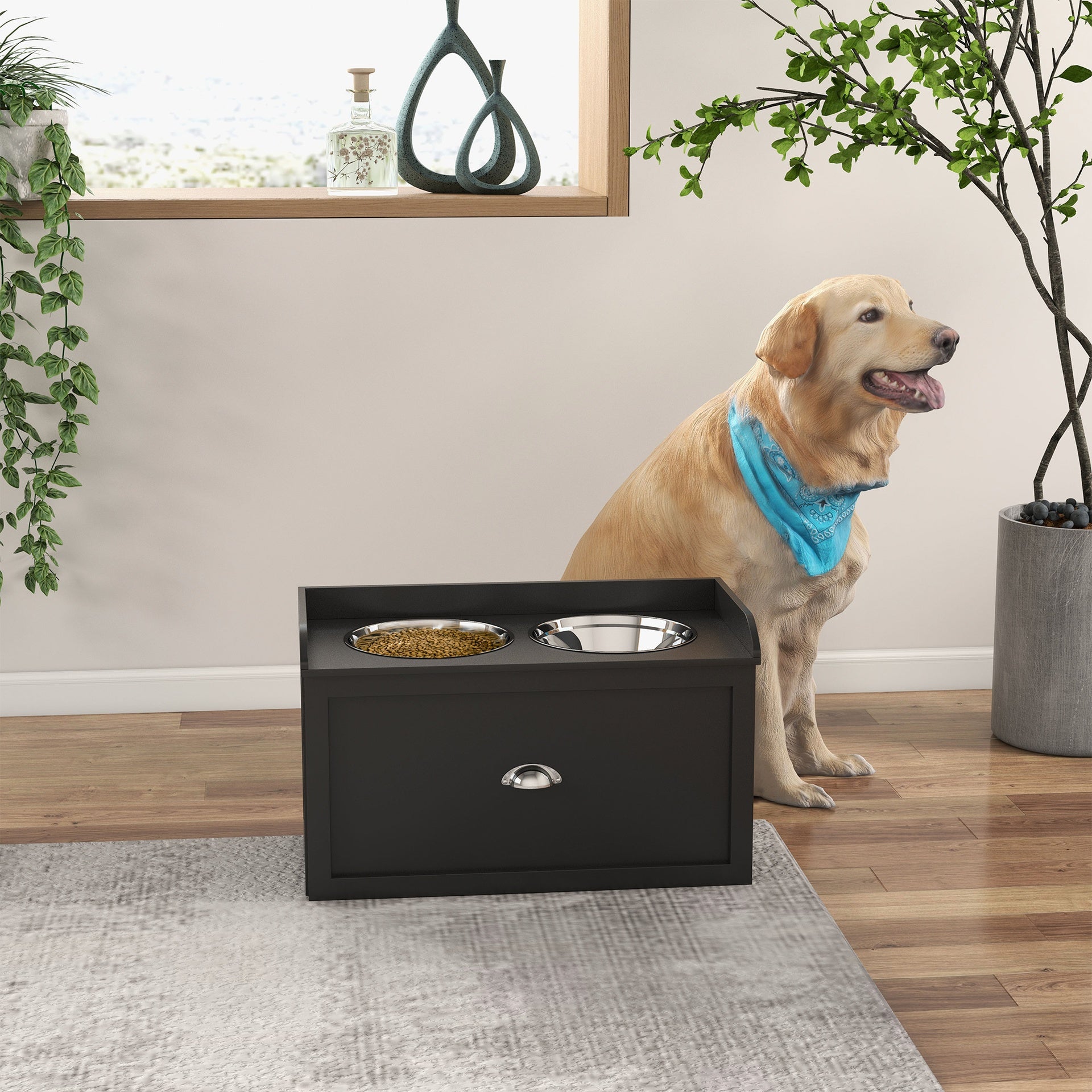 PawHut Dog Feeding Station with Storage Drawer, Dog Food Storage Cabinet with 2 Removable Elevated Dog Bowls for Large Sized Dogs, Black