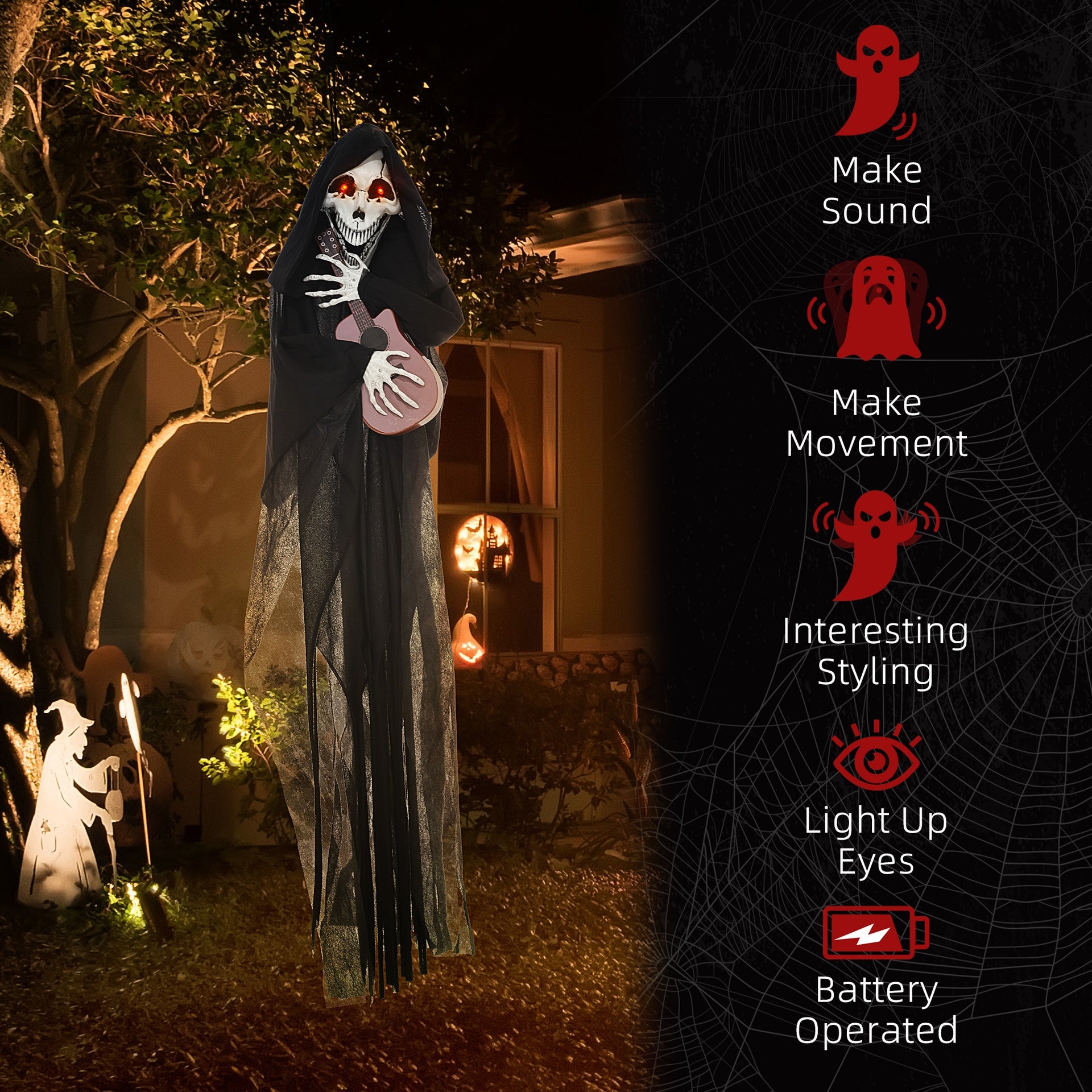 HOMCOM 4.3' Outdoor Halloween Decoration Animatronic Guitar-playing Grim Reaper, Sound and Motion Activated Animated Prop with Light Up Eyes & Guitar Music