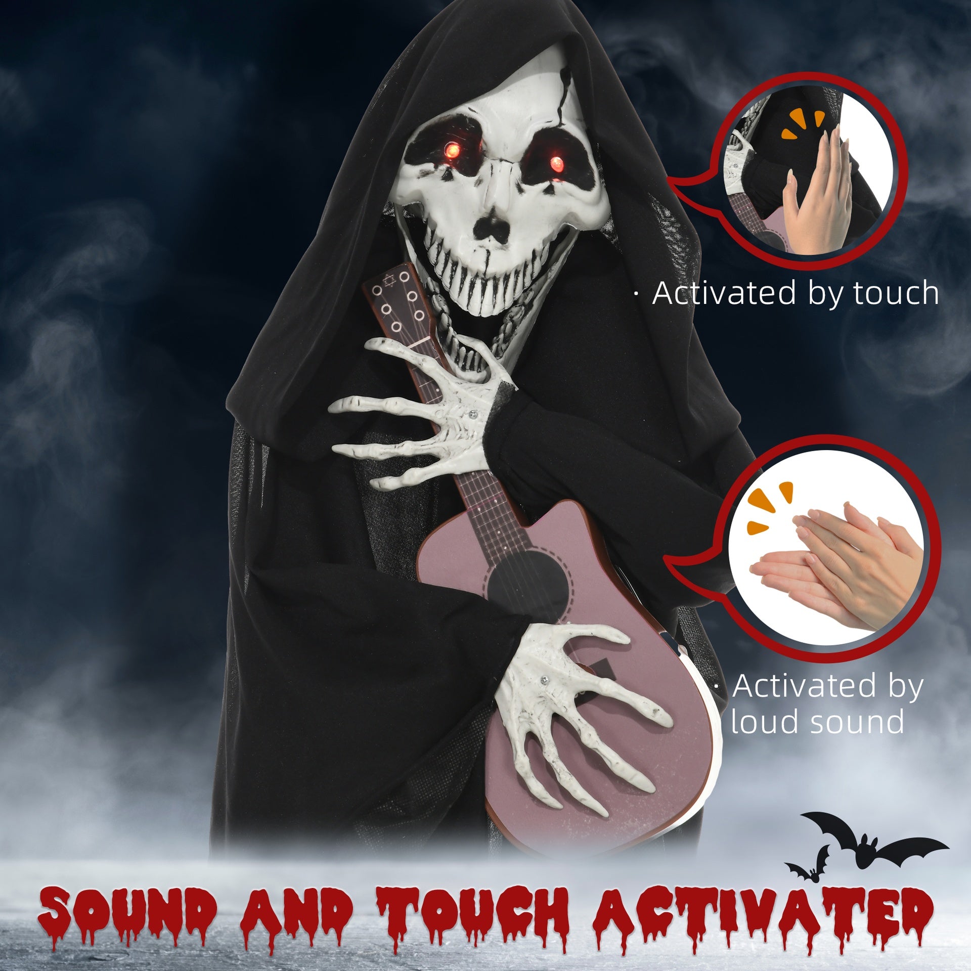 HOMCOM 4.3' Outdoor Halloween Decoration Animatronic Guitar-playing Grim Reaper, Sound and Motion Activated Animated Prop with Light Up Eyes & Guitar Music