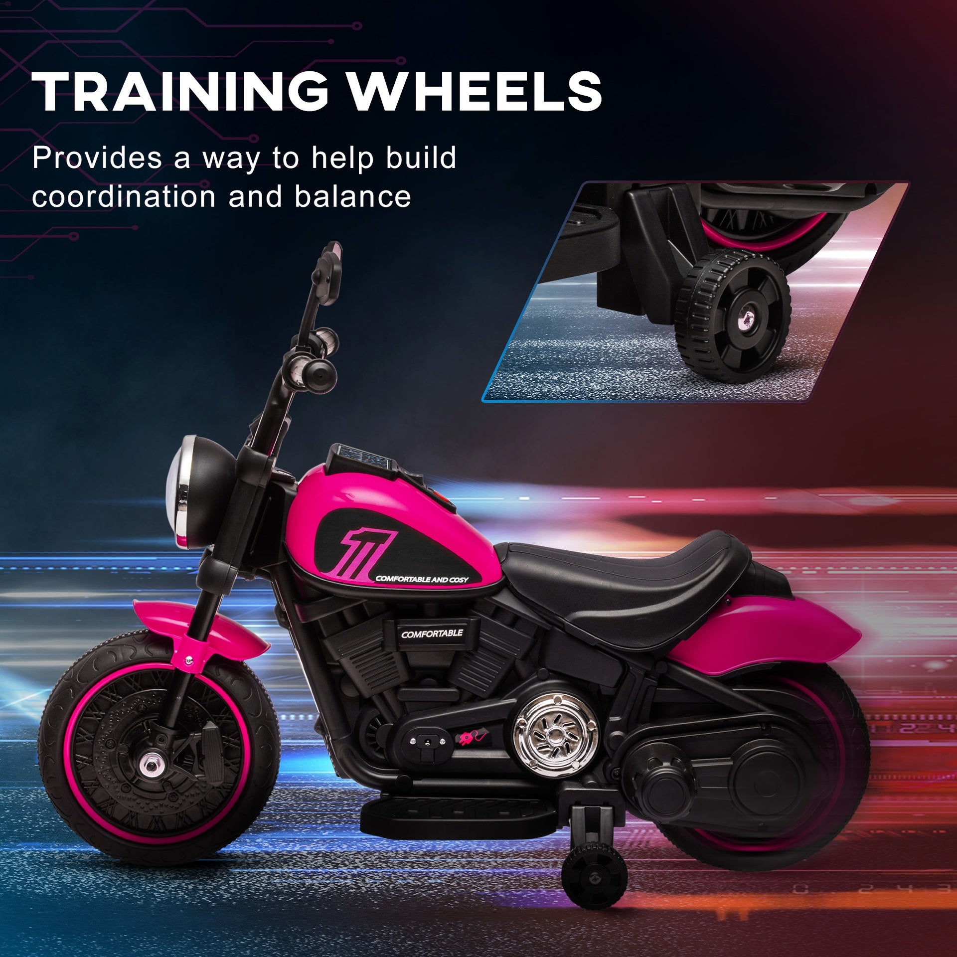 Aosom Kids Motorcycle with Training Wheels, 6V Ride-on Toy for Toddler Ages 18-48 Months, Battery-Operated Motorbike for Kids with Single-Button Start, Headlight, Pink